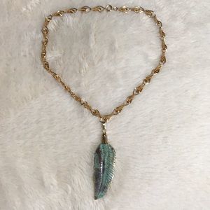 Carved Turquoise Feather Gold plated Necklace NWT